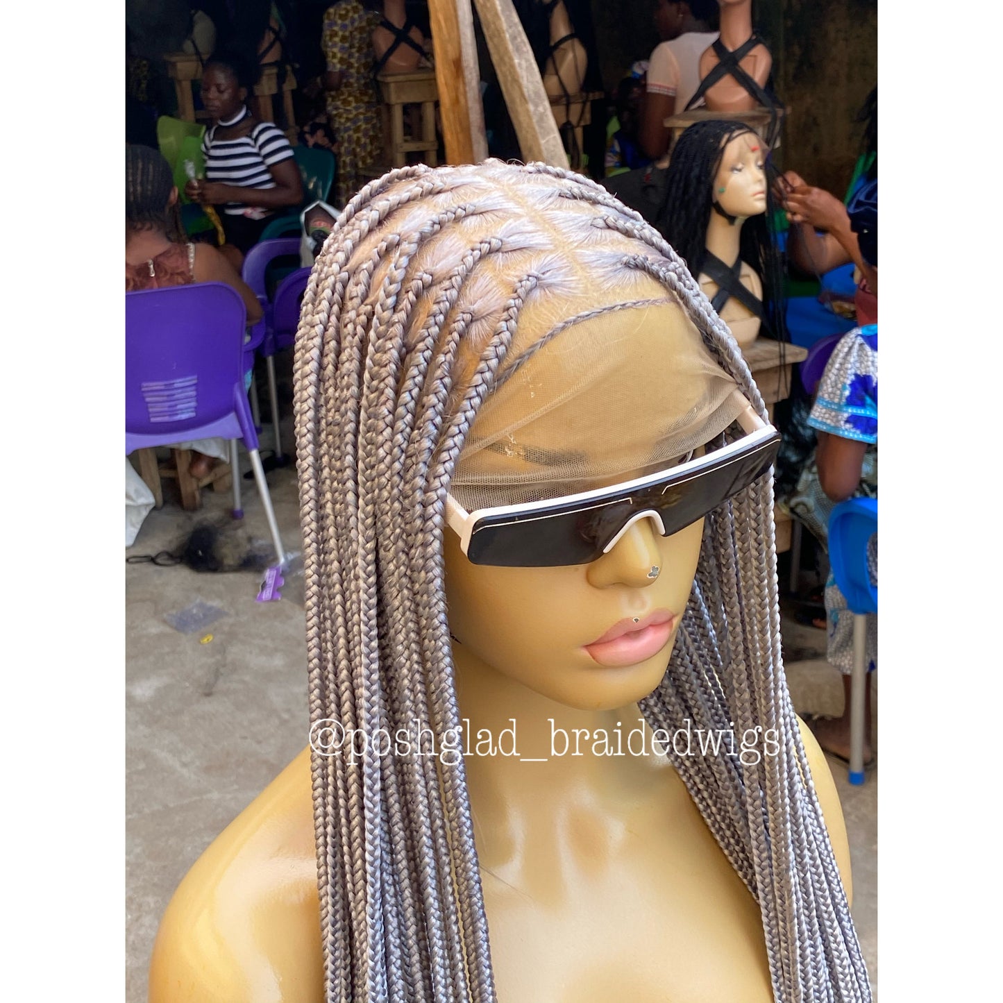 Knotless Braided Wig, Swiss Full Lace, Gray Color, Waist Length, Standard Density - Shawna